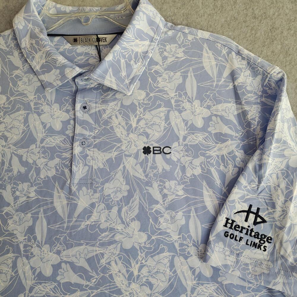 Black Clover Heritage Golf Links Polo Shirt Mens XL Blue Floral Lucky Hawaiian